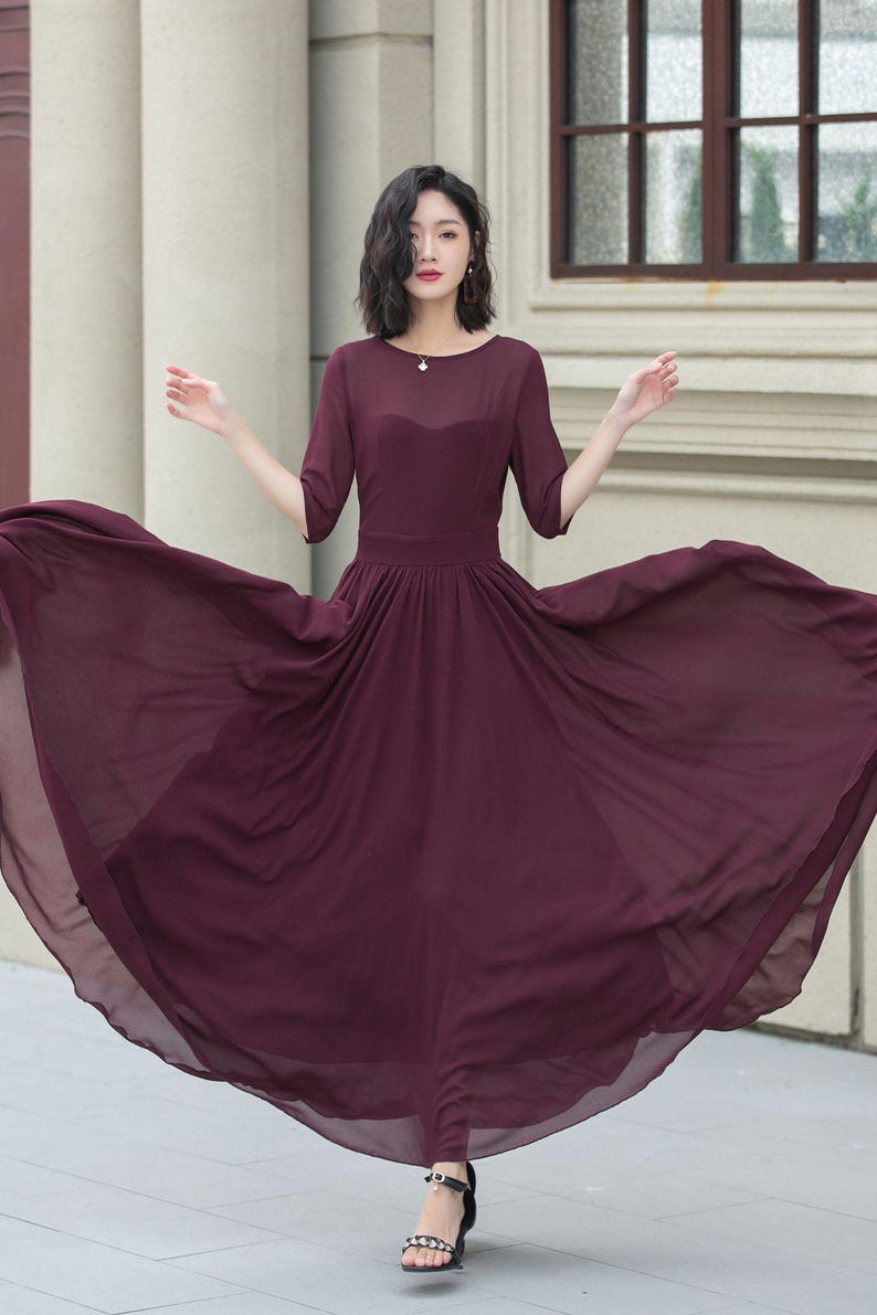 Chiffon Maxi dress, Fit and Flare Chiffon dress, Women burgundy dress, Summer Swing dress, Prom Chiffon dress, Custom Dress, Xiaolizi 5113 image 1