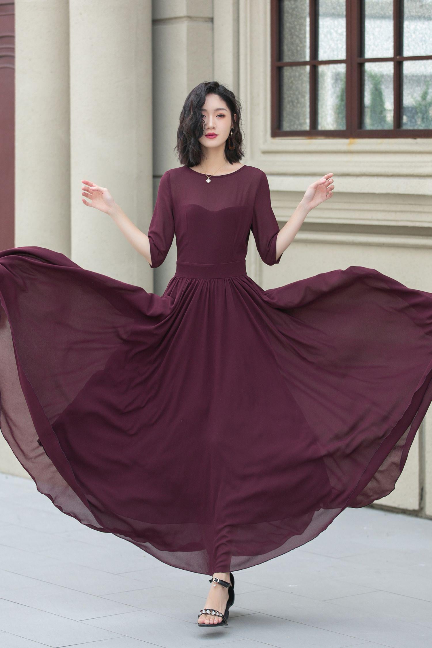 Chiffon Maxi Dress, Fit and Flare Chiffon Dress, Women Burgundy Dress, Summer Swing Dress, Prom Chiffon Dress, Custom Dress, Xiaolizi 5113