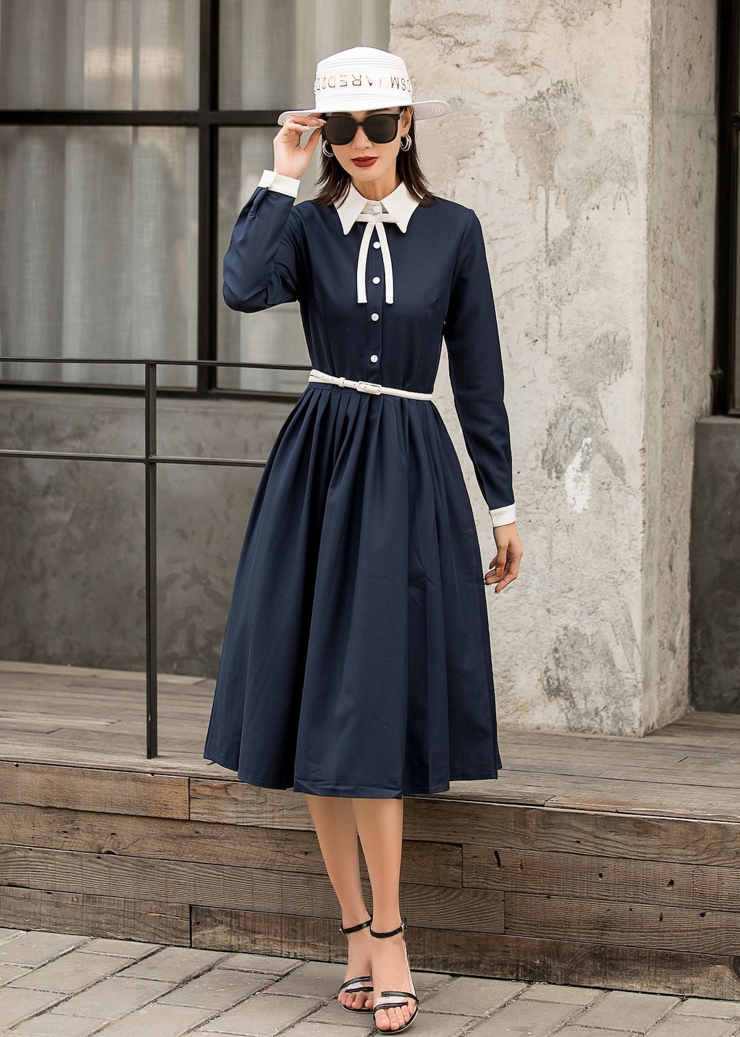 Button up Shirt Dress, Summer Fall Navy Formal Button up Midi