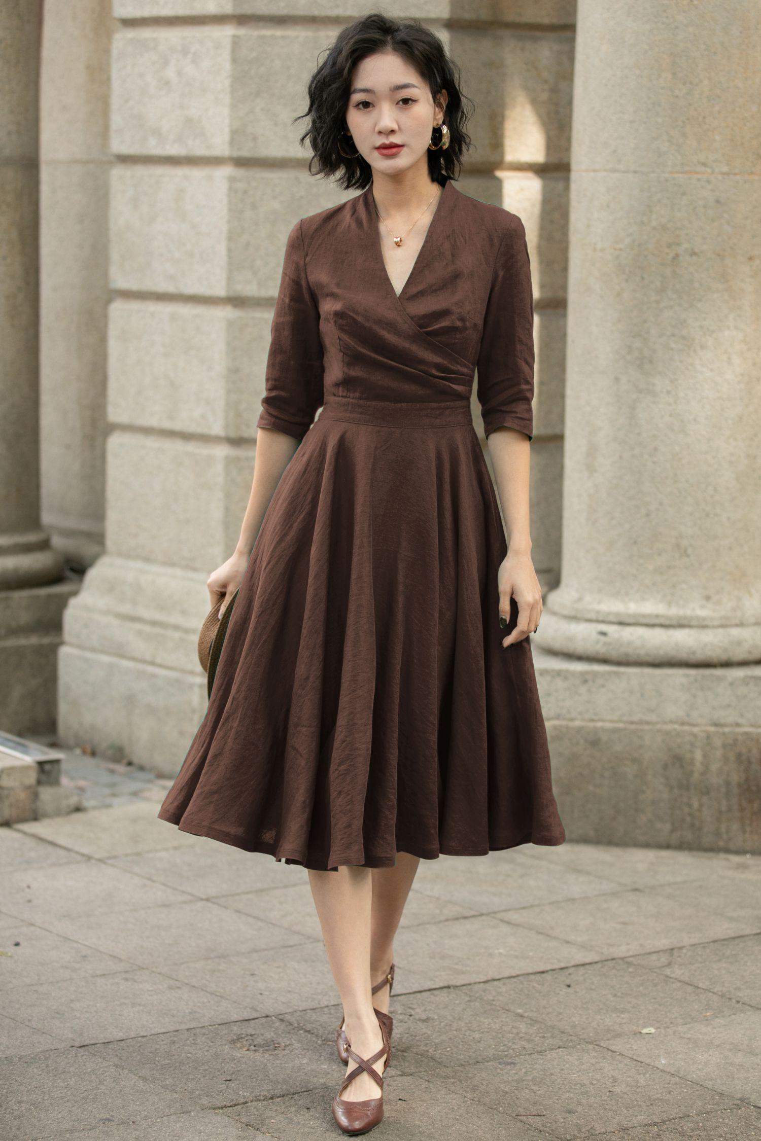 brown v neck midi dress Linen Summer Midi Dress