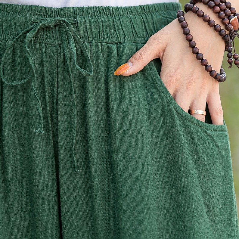 Palazzo Pants, Green Casual Pants, Elastic Waist Wide leg Linen Pants, Long Trousers, Loose Fit Pants, Xiaolizi, Plus Size Palazzo 2879 image 9