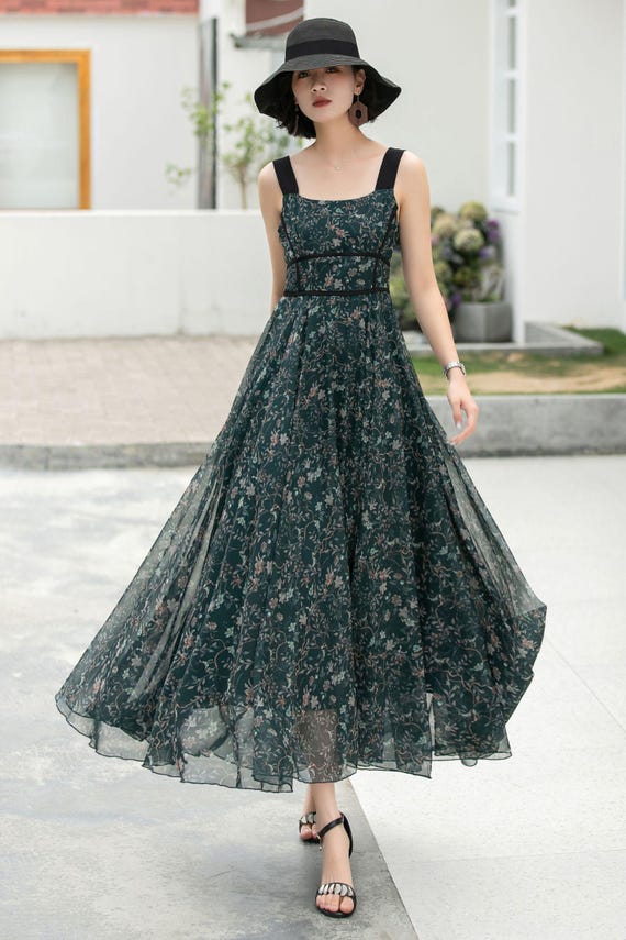 Summer Floral Strap Chiffon Dress, Womens Chiffon Swing Maxi Dress