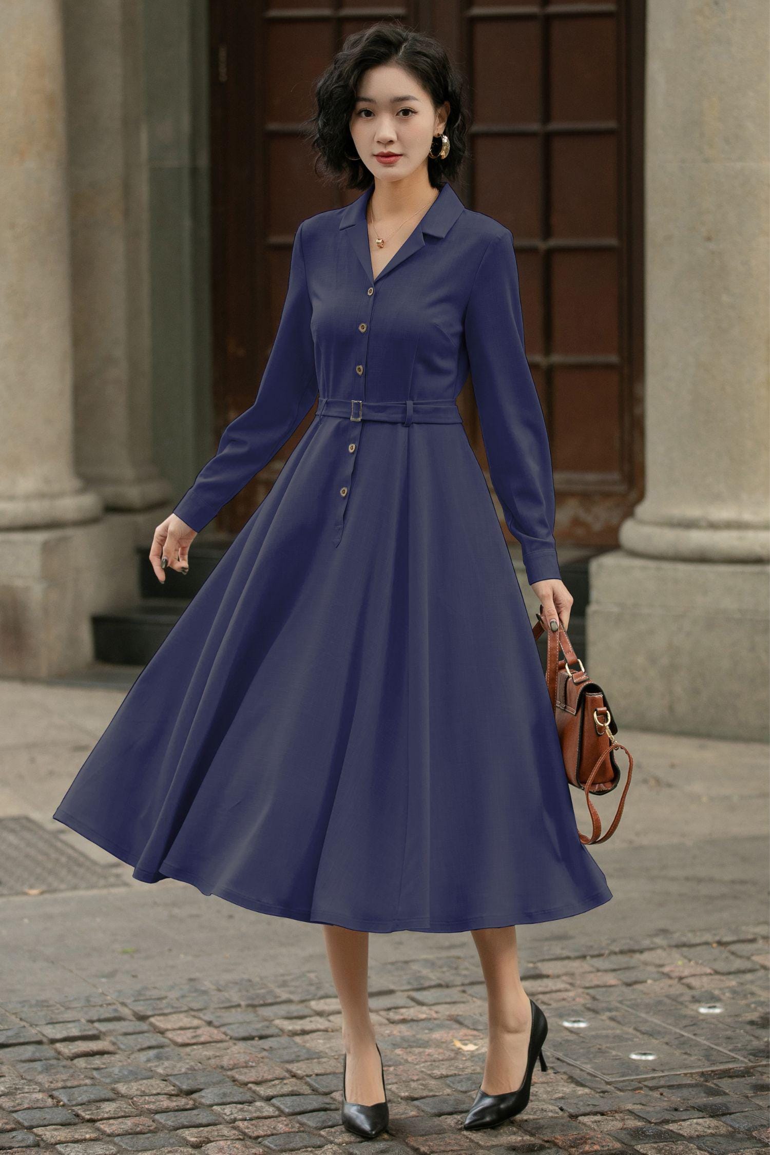 Linen Shirt Dress  Vintage Belted Swing Midi | Xiaolizi Navy / Xs
