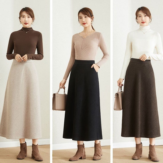 A-line Wool Skirt, Beige Wool Skirt, Long Wool Skirt, Women's Wool