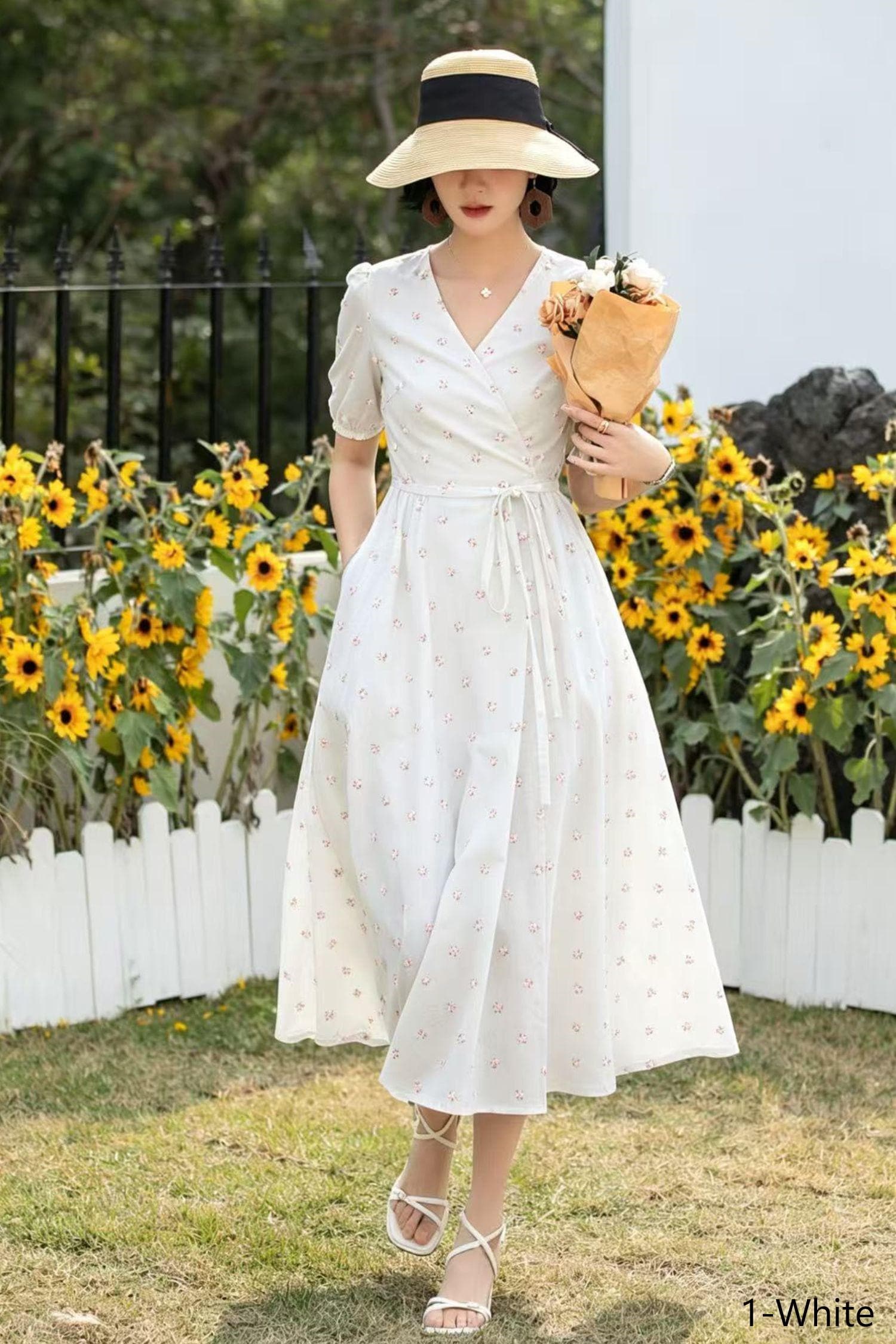 Green Floral Linen Wrap Dress: Midi Summer Dress With Puff Sleeves