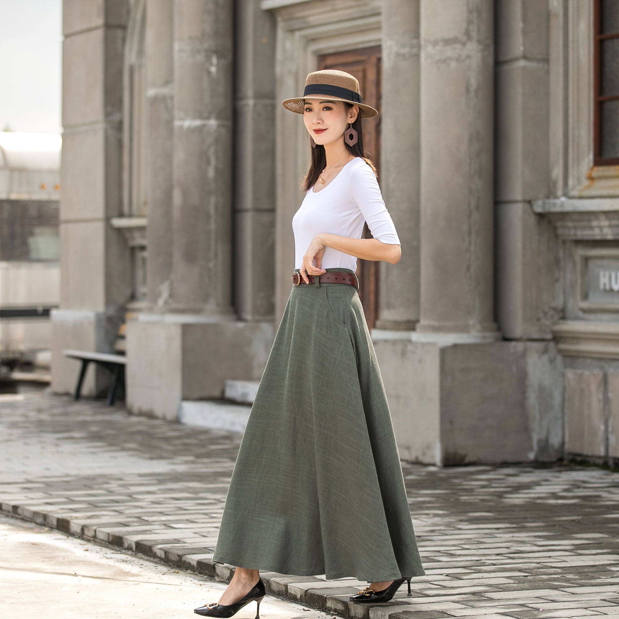 Green Linen Skirt With Pockets, Long Linen Maxi Skirt, High