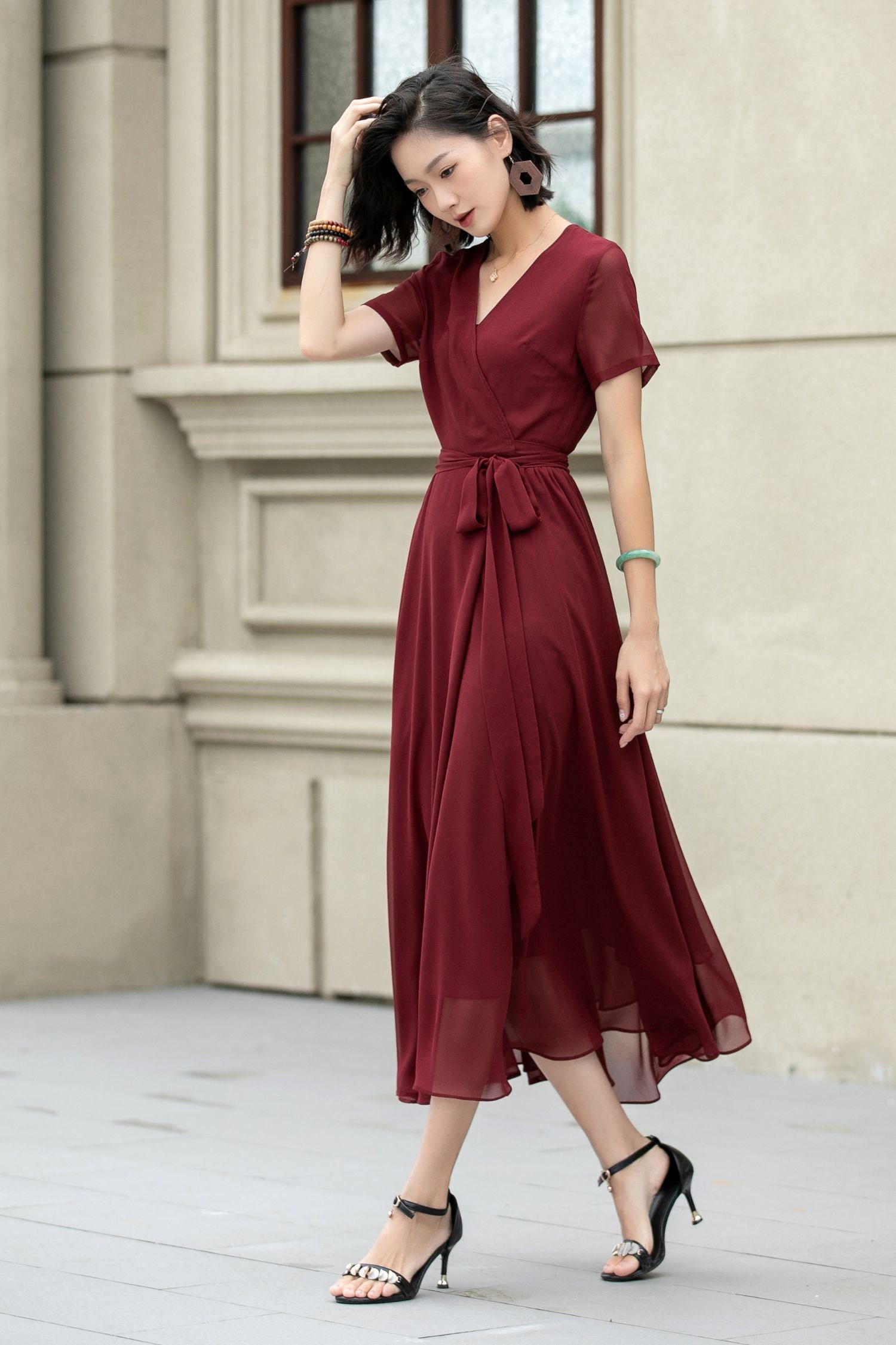 Chiffon Dress, Wrap Dress, Summer Midi Chiffon Dress, Womens Dress