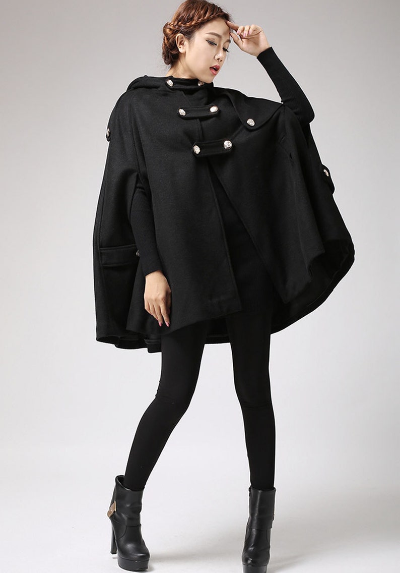 Black Wool Cape Coat, Hooded Cape coat, Women cape, Military cape coat, Winter Cape, Plus Size cape, Poncho Cape, Wool Cloak, Xiaolizi 0698 image 3