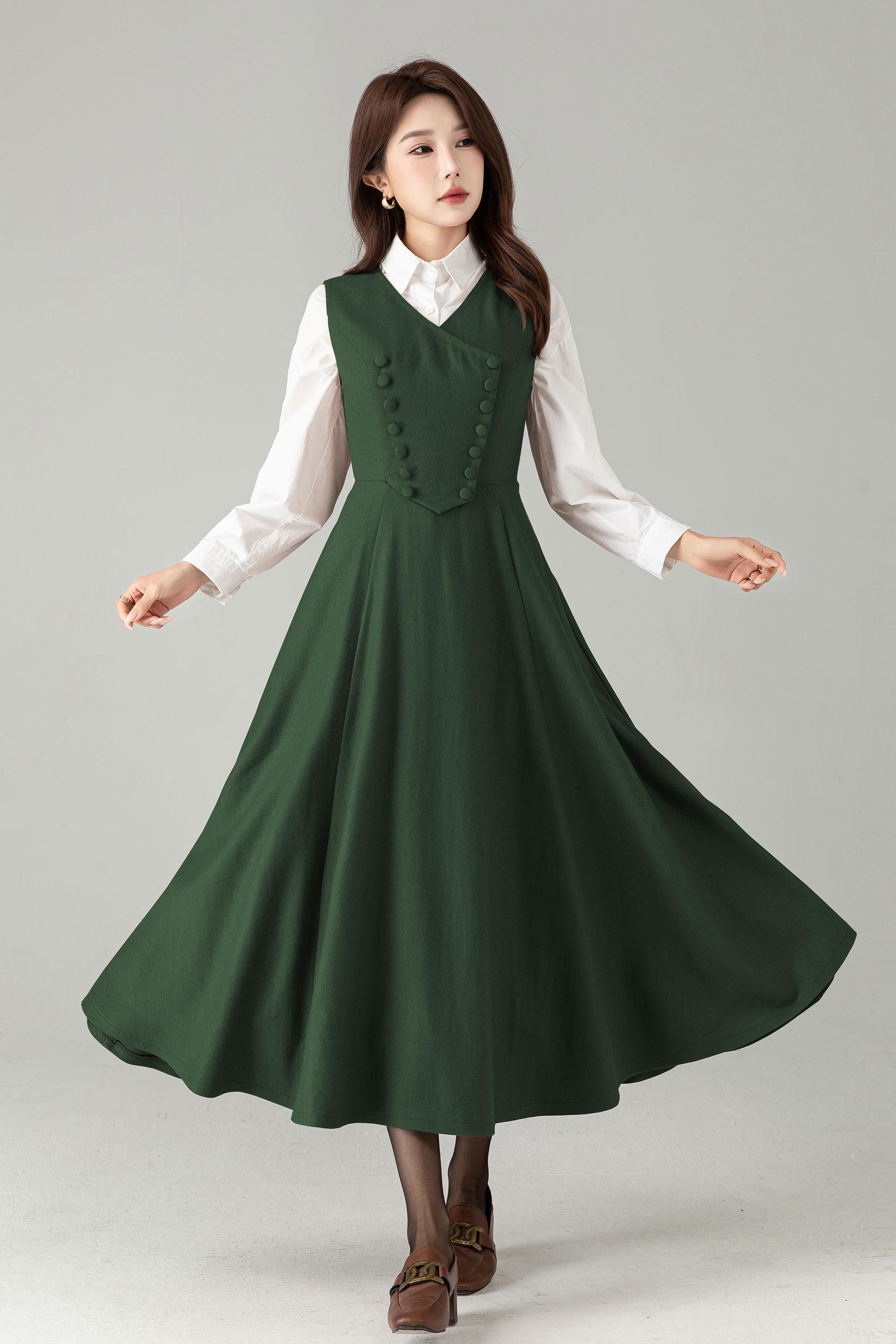 Handmade Wool Blend Pinafore Dress - Sleeveless A-line Midi