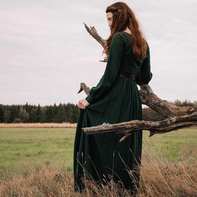 Women Vintage inspired Medieval dress, Long sleeve Linen maxi dress, Green dress, Long dress, Modest dress, Gothic dress, Autumn dress 3125 image 4