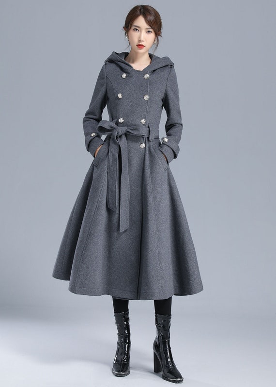 Women Military Winter Wool Coat With Hood, Long Wool Trench Coat, Grey  Hooded Wool Coat, Swing Belted Coat, Warm Wool Outwear Xiaolizi 3213 