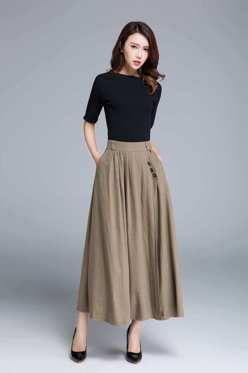 Khaki skirt linen skirt pleated skirt pocket skirt button Etsy