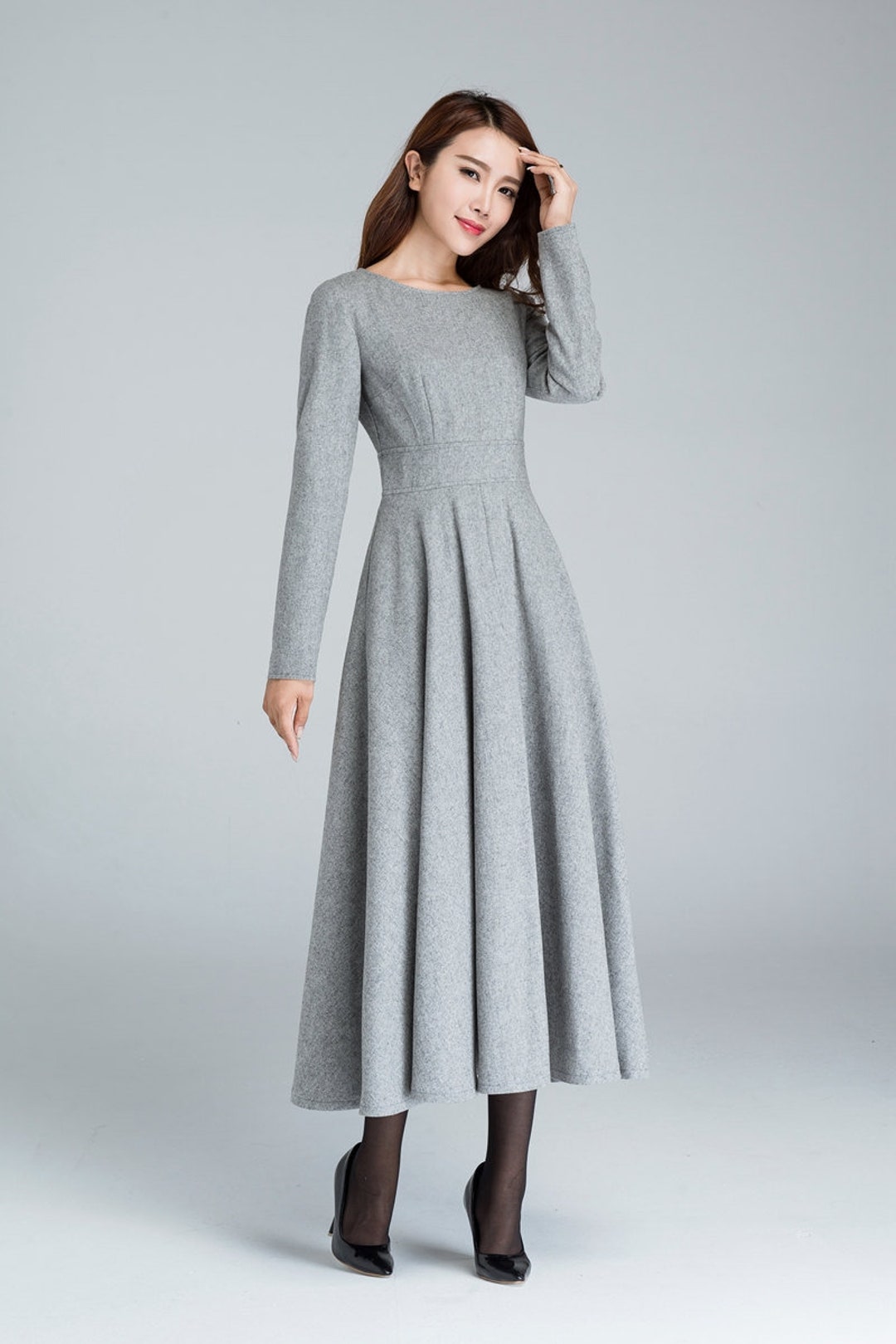 Long Sleeve Wool Dress, Gray Dress, Wool Dress, Woman Dress, Fit