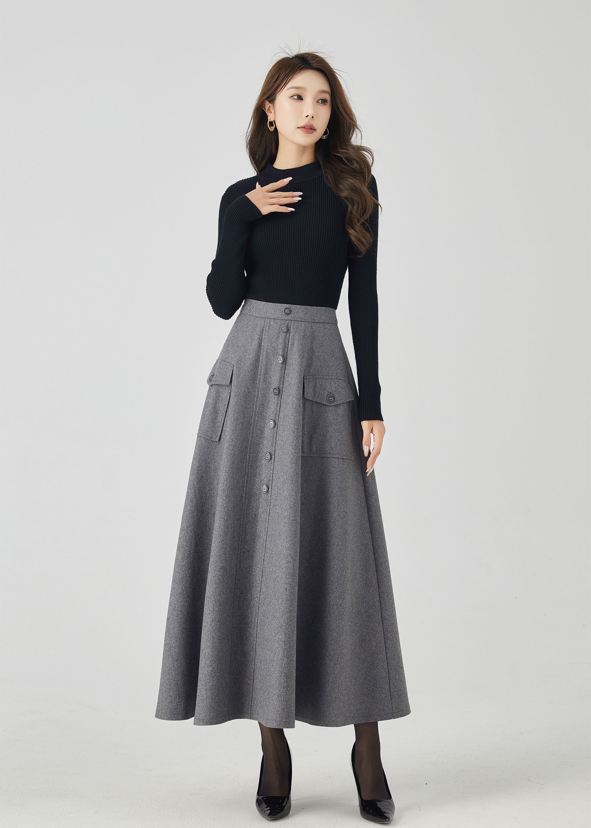 スカート KOLEAT Wool herringbone pleated long skirt charcoal gray win Womens Wool Skirt , Knee Length Skirt, Skater Skirt, Pleated
