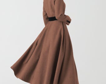 Brown Swing Wool Dress, Patchwork Dress, Womens Wool Dress, Winter Dress, Fit and Flare Dress, High Waisted Dress, Custom Dress 4524#