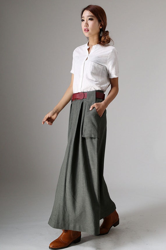 Autumn Winter Maxi Skirt A Line Skirt With Pockets Green Etsy