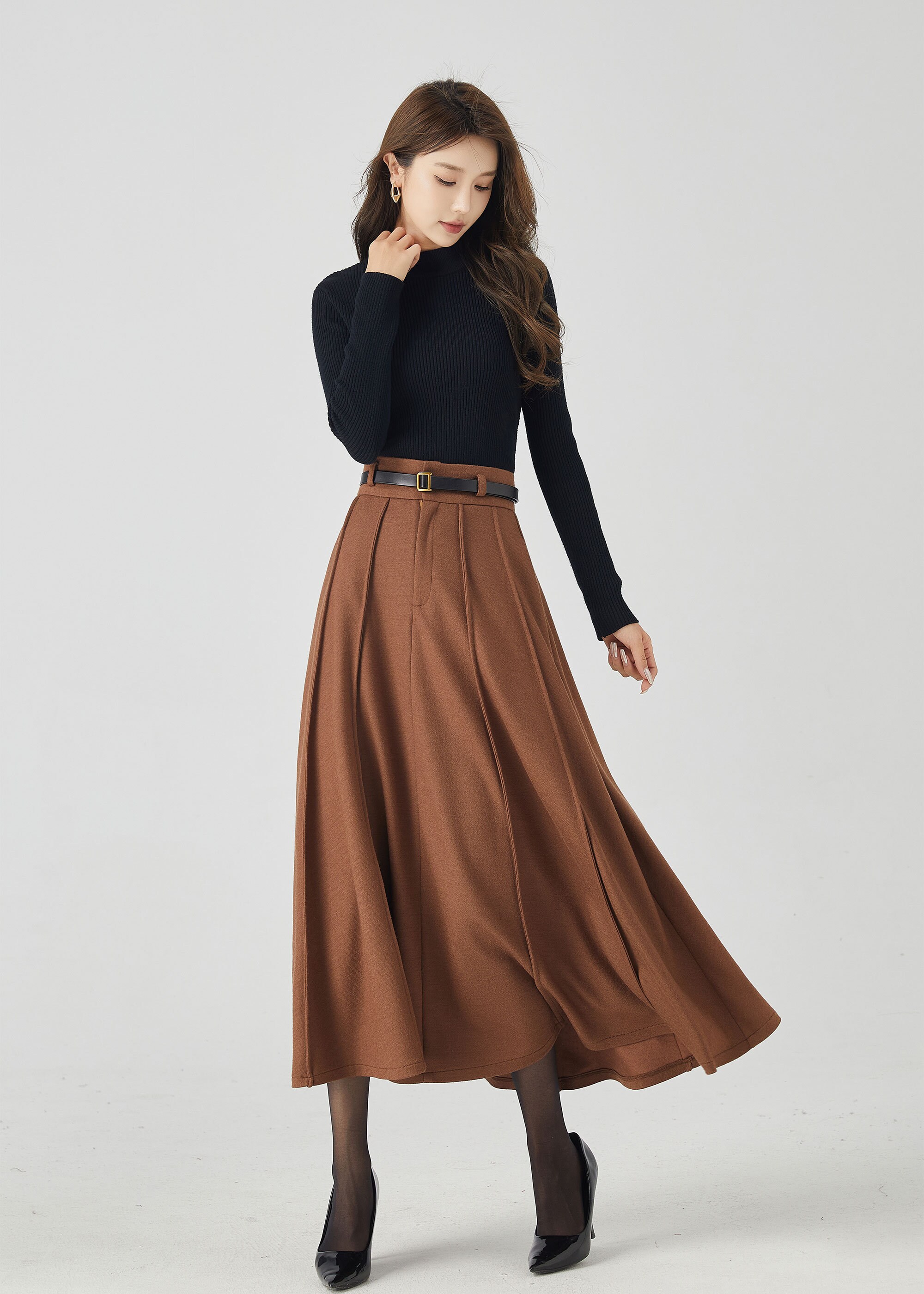【SATUR】Wool Pleats Skirt Brown Midi Wool Skirt, Long Pleated Wool Skirt, Brown Swing Wool