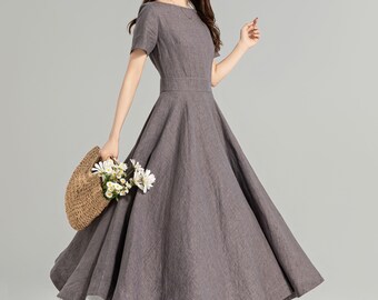 Linen dress, Midi linen dress, Swing midi dress, Fit and Flare Dress, Short Sleeve Dress with Pockets, Custom dress, Xiaolizi 4960