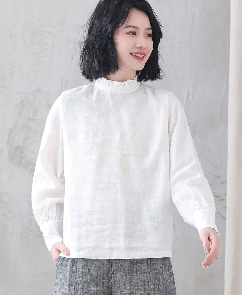 Women's white Linen Blouse, Plus Size Blouse, Minimalist Blouse, Long Sleeve Linen Blouse, Spring Summer Blouse, Custom Tops, Xiaolizi 3344 image 3