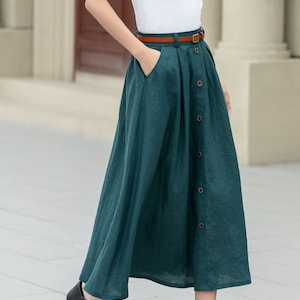 Linen skirt, Women's Midi skirt, A-Line linen Skirt, Button front Skirt, Dark Green Midi skirt with pockets, Plus size Skirt, Xiaolizi 4970 image 4
