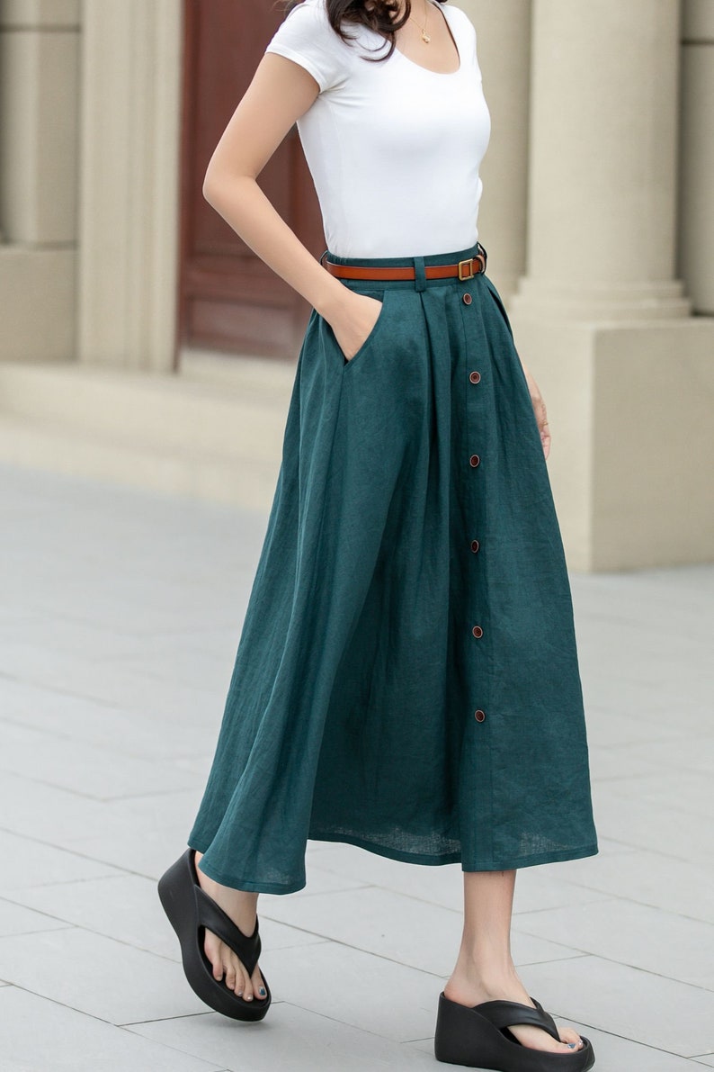 Linen skirt, Women's Midi skirt, A-Line linen Skirt, Button front Skirt, Dark Green Midi skirt with pockets, Plus size Skirt, Xiaolizi 4970 image 4