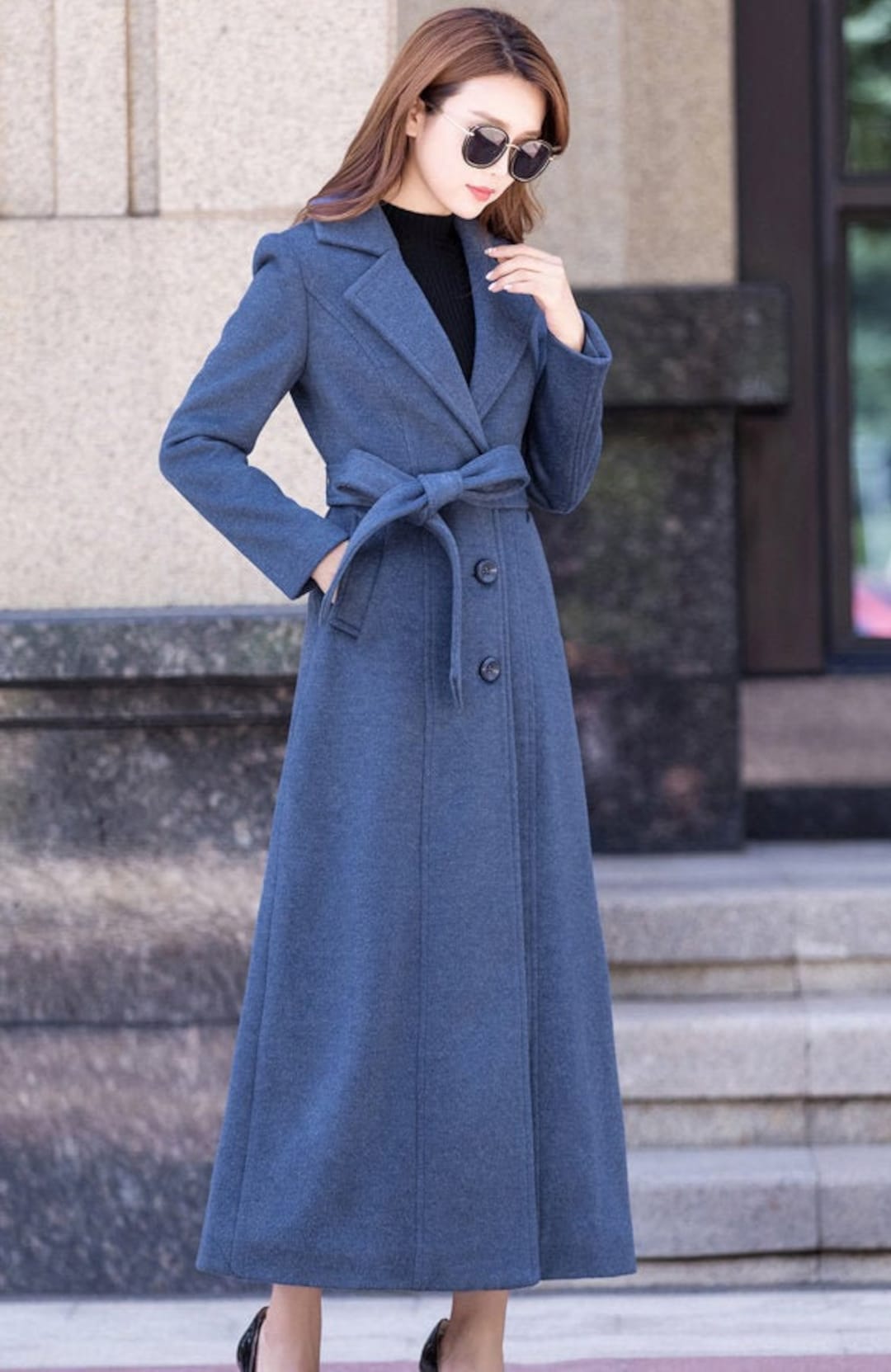 Single Breasted Wool Coat, Blue Wool Coat, Long Wool Coat for Winter ...