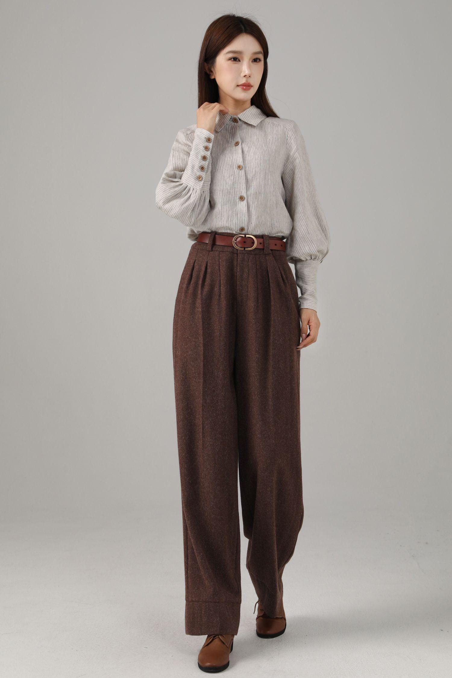 Brown Wool Blend Wide Leg Pants: High Waist Long Trousers, Custom