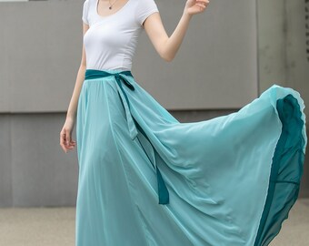 Blue Long Chiffon Maxi Skirt Women, Swing Full Circle Skirt