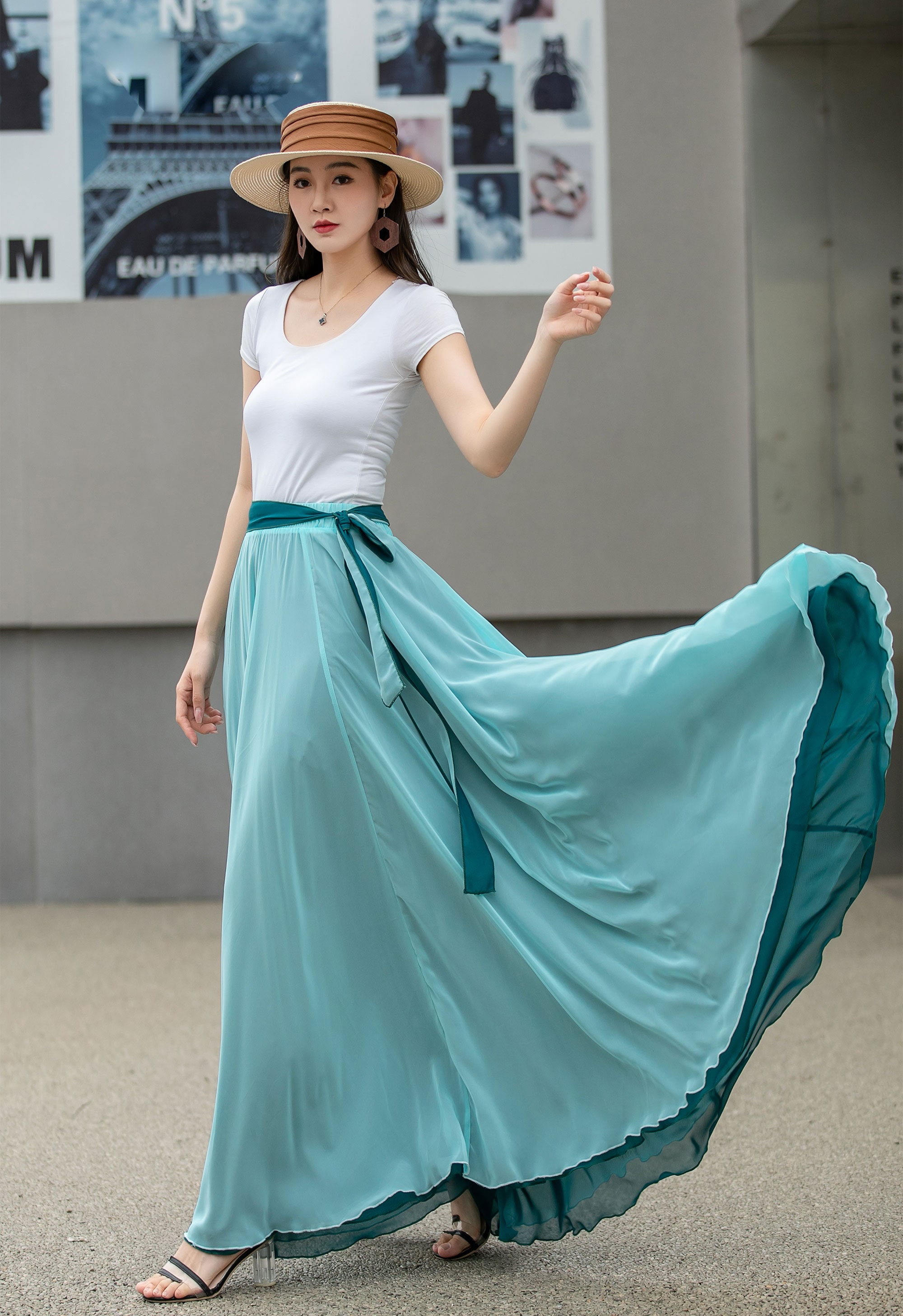 お歳暮ならオンライン Blue Long Chiffon Maxi Skirt Women, Swing Full Circle Skirt スカート