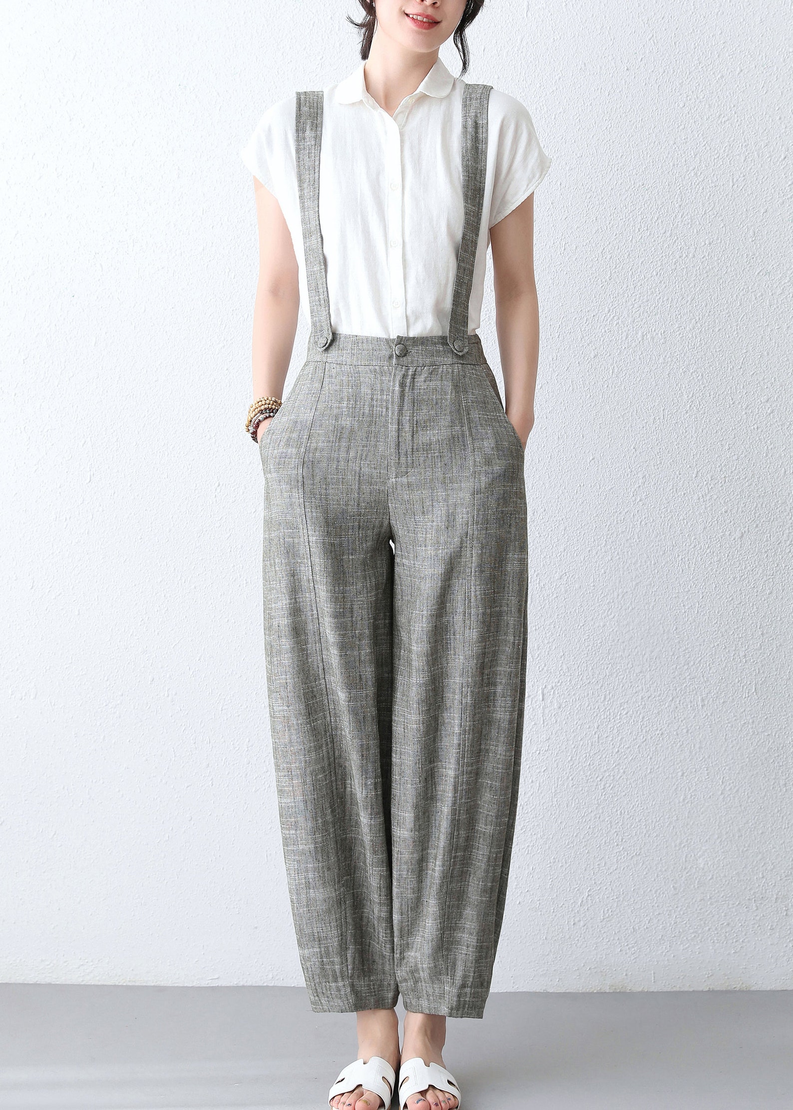 Women's Linen Suspender Pants Retro Wide Leg Pants High | Etsy