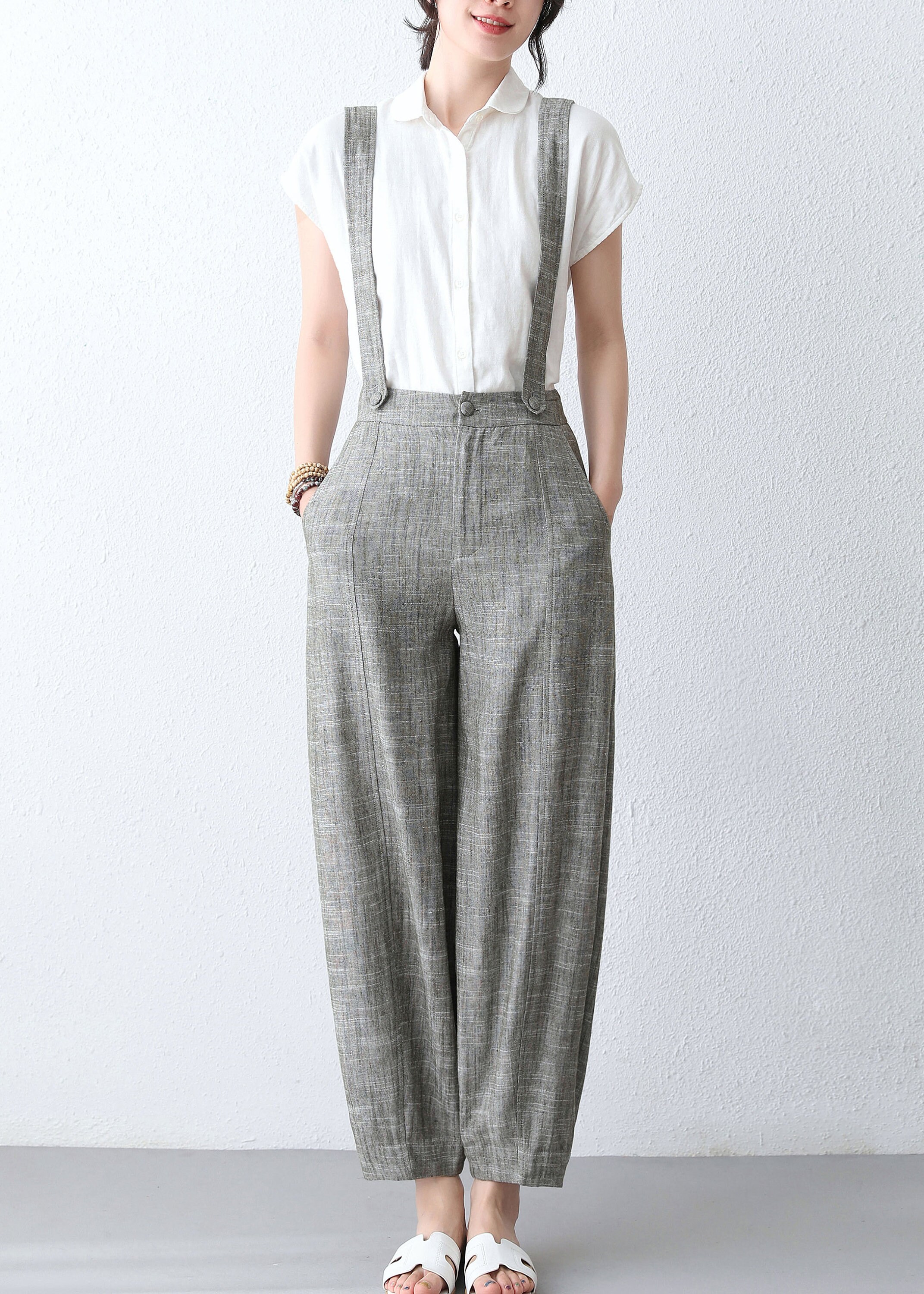Linen Suspender Pants Women High 