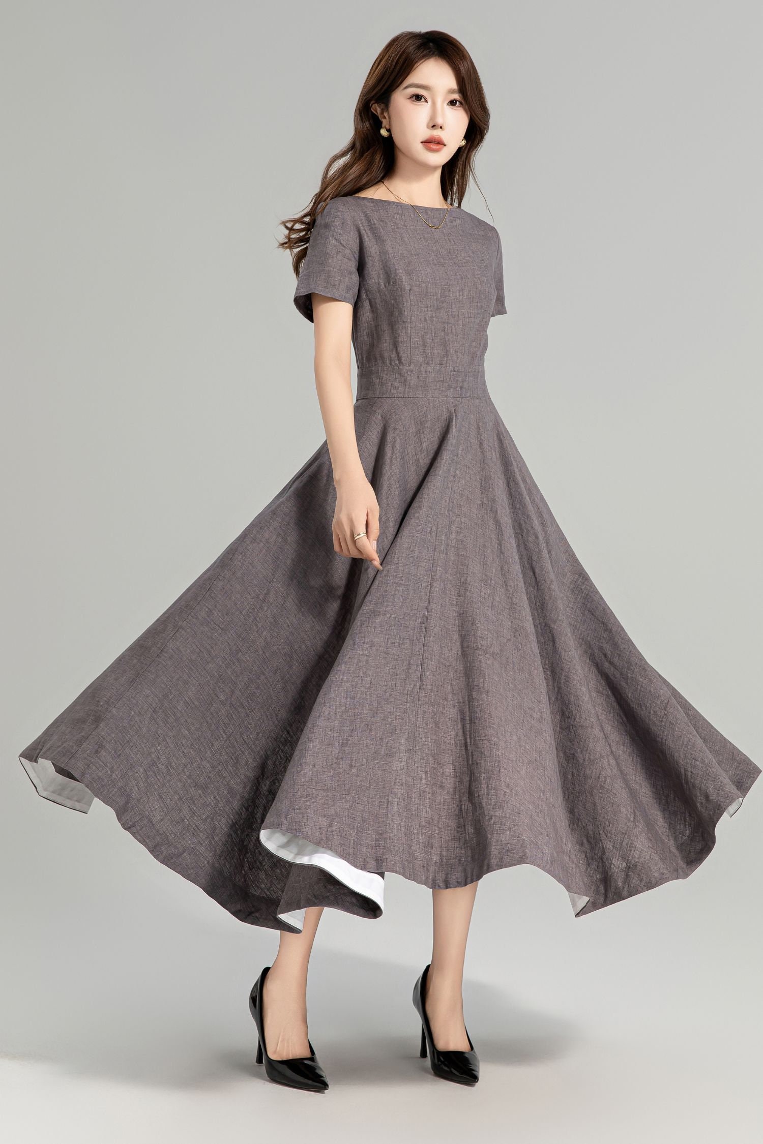 【新品】classic dress with stitched sleeves Grey Linen Dress, Midi Linen Dress, Swing Midi Dress, Fit and