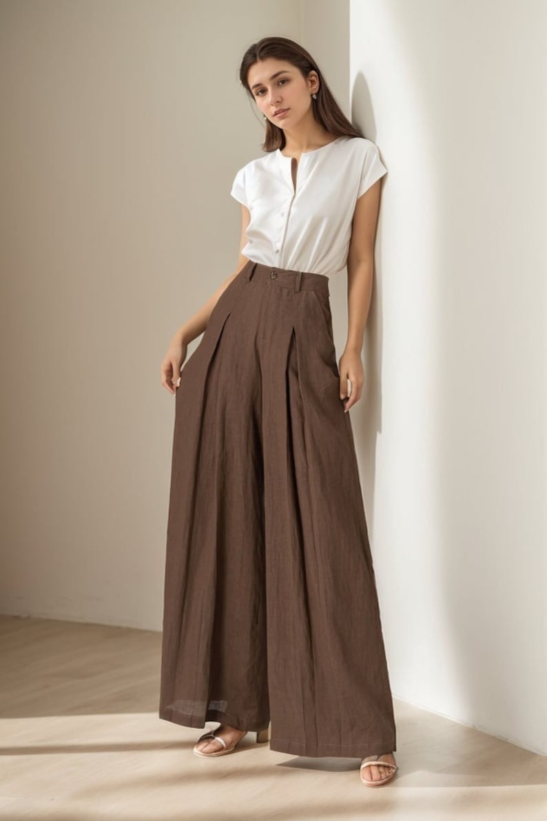Breezy Linen Wide-Leg Pants for Ultimate Comfort and Style, Womens Long linen pants, Linen trousers, Custom Linen pants, Xiaolizi 4918 1-Brown