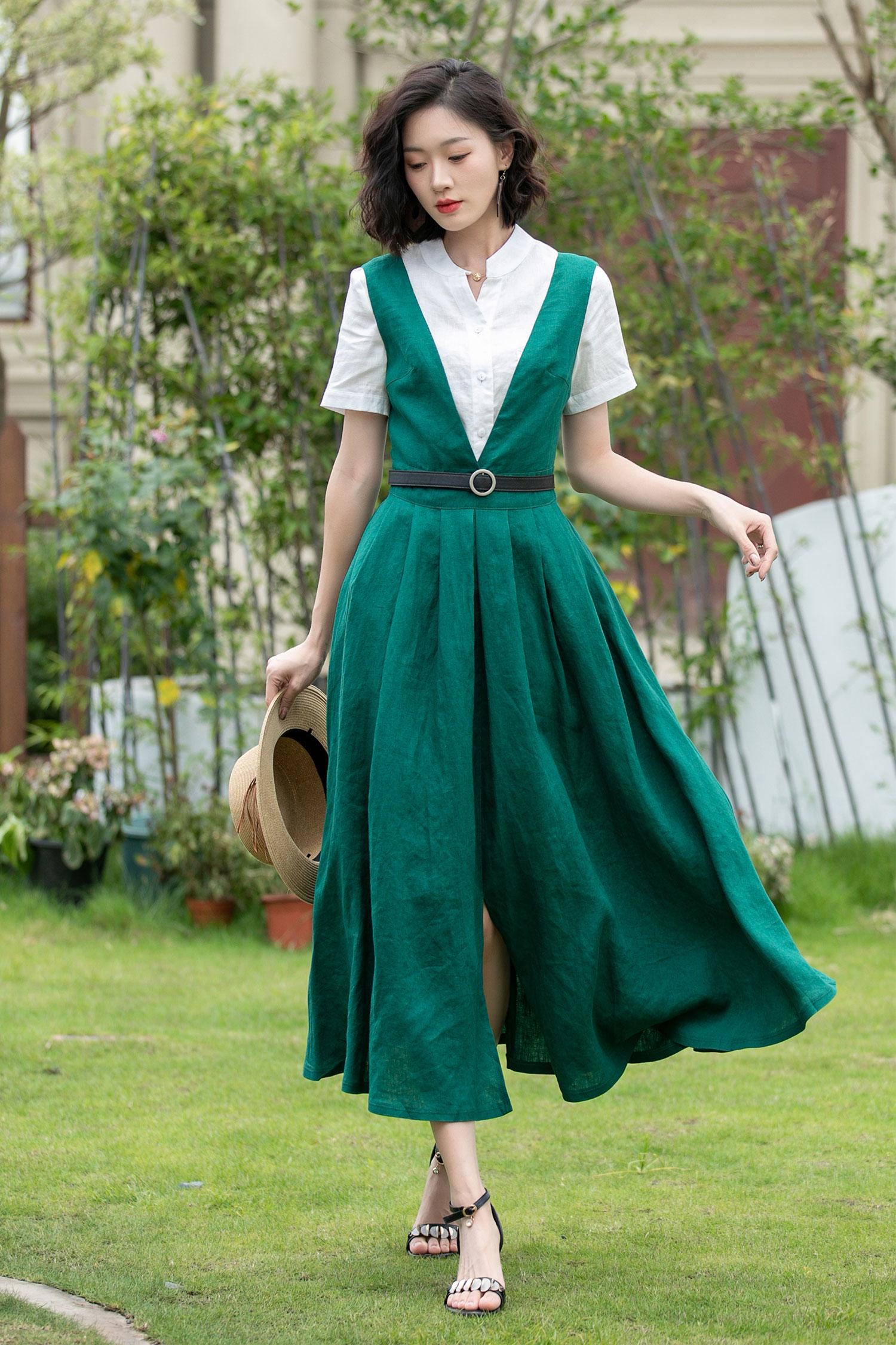 【直営・関税送料込】Mini apron dress in Linen Pinafore Apron Dress, Summer Midi Linen Dress