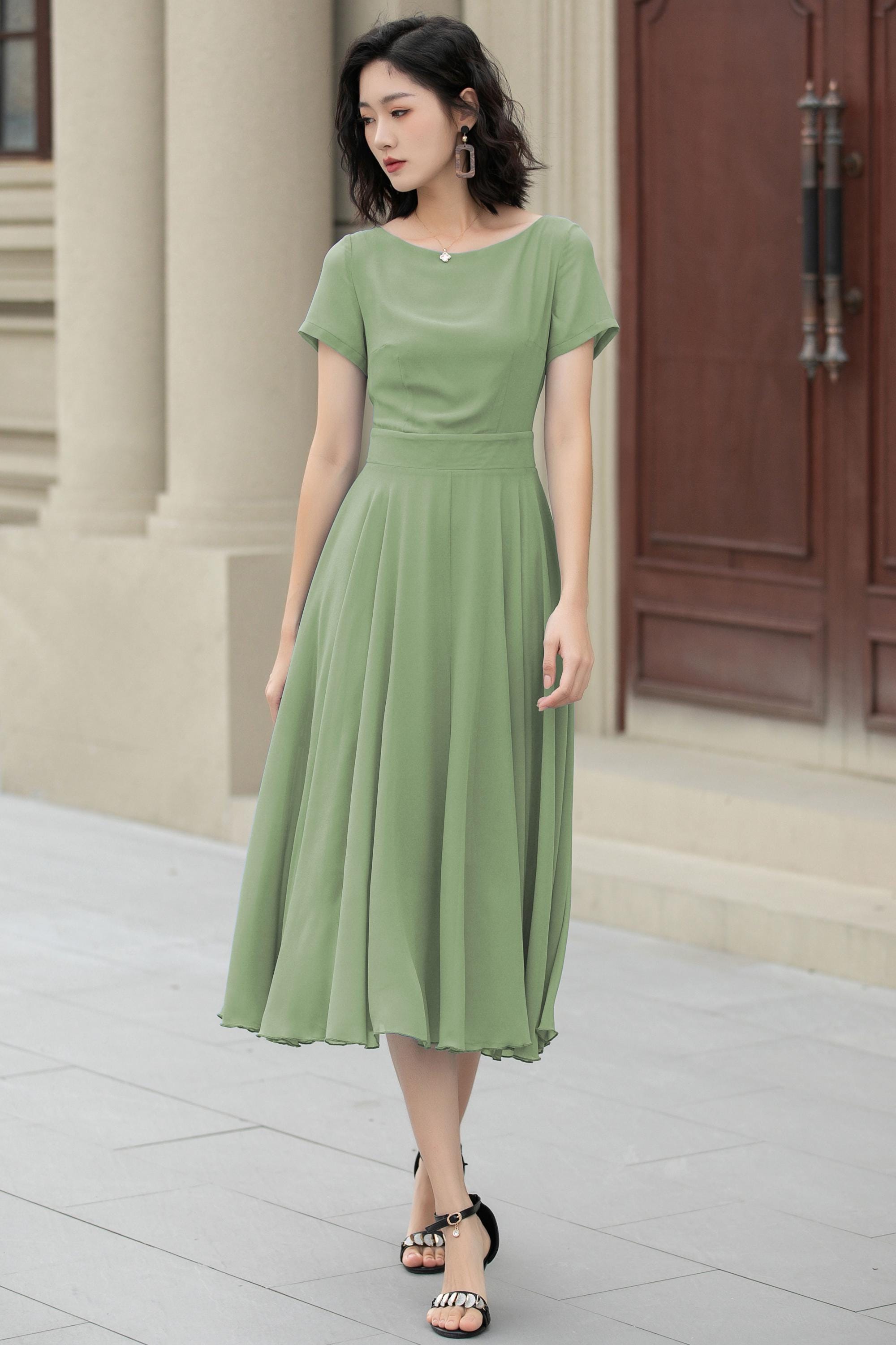 Sage Green Chiffon Midi dress, Women Summer Flowy swing dress, Fit and flare dress, Bridesmaid dress, Custom dress, Xiaolizi 6035 Sage Green Chiffon Midi dress, Women Summer Flowy swing dress, Fit and flare dress, Bridesmaid dress, Custom dress, Xiaolizi 6035