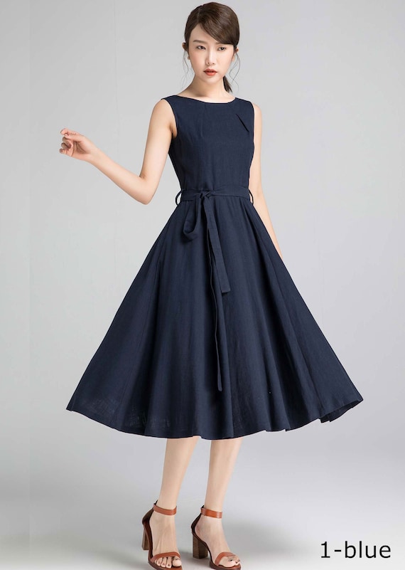 Xiaolizi handmade 50s sleeveless swing midi dress in Blue 1401# Xiaolizi handmade 50s sleeveless swing midi dress in Blue 1401#