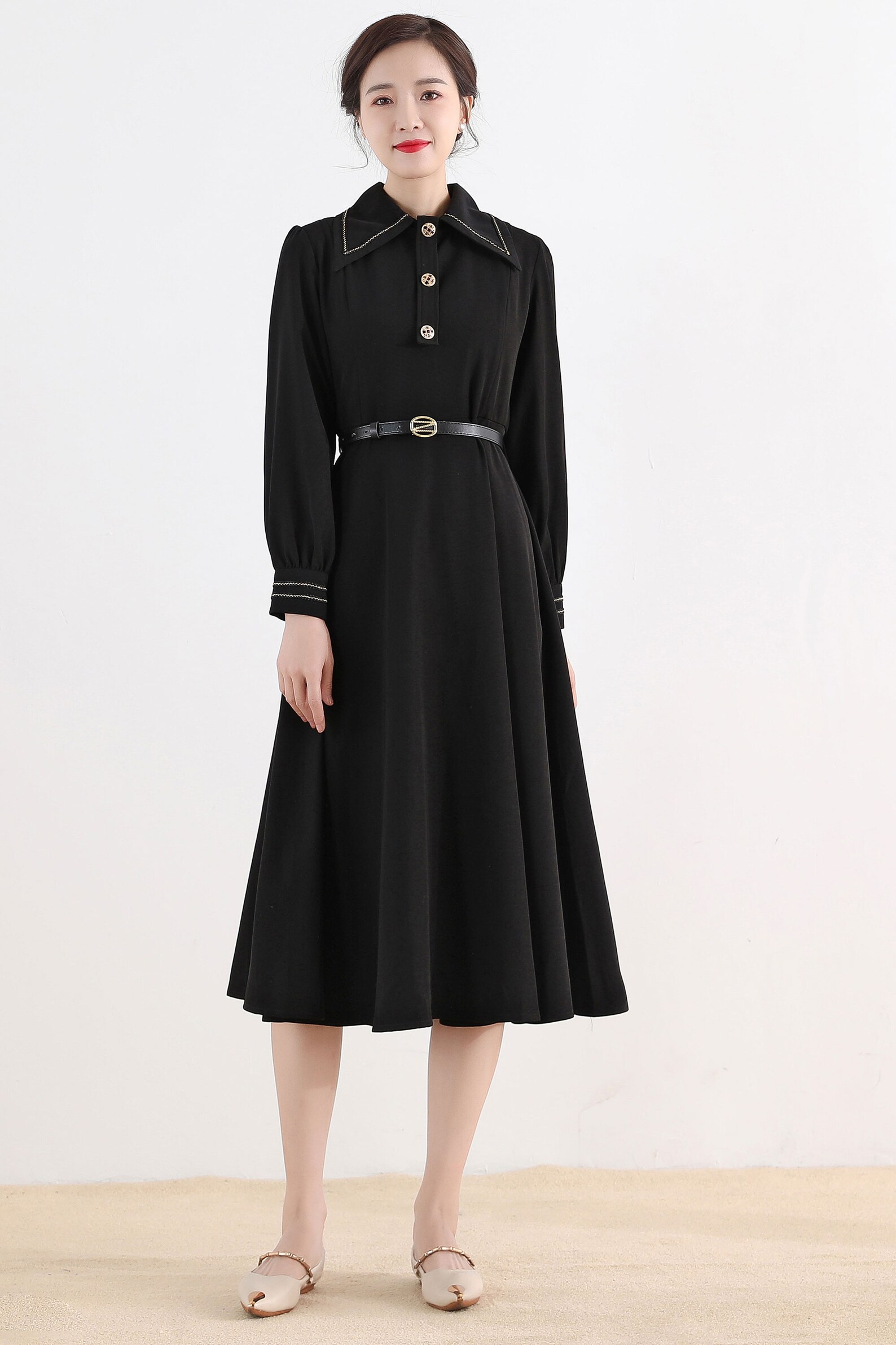 Long sleeve Shirtwaist Dress Vintage inspired Black midi | Etsy