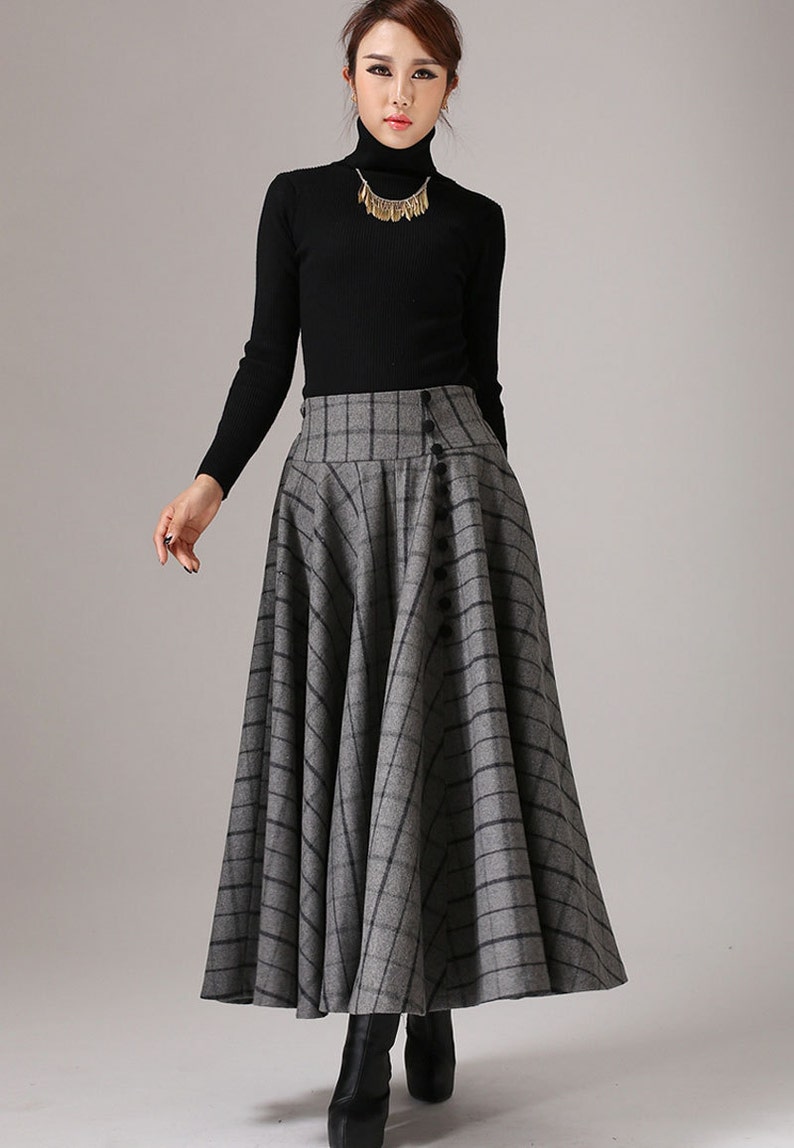 トップス ollun pin check wool gilet long skirt Ladies Check Faux Wool Skirts Tartan A-line Pleated Long