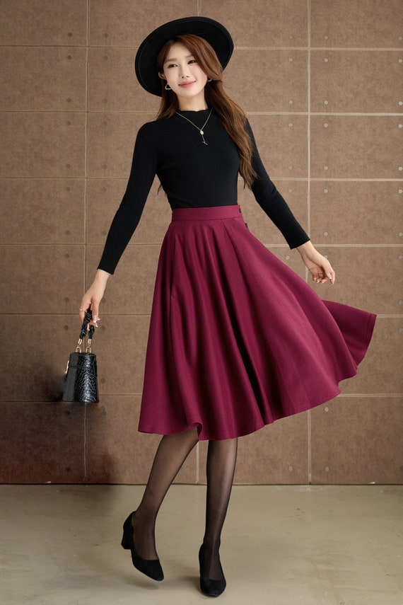 Burgundy knee length swing wool skirt 5362 Burgundy knee length swing wool skirt 5362