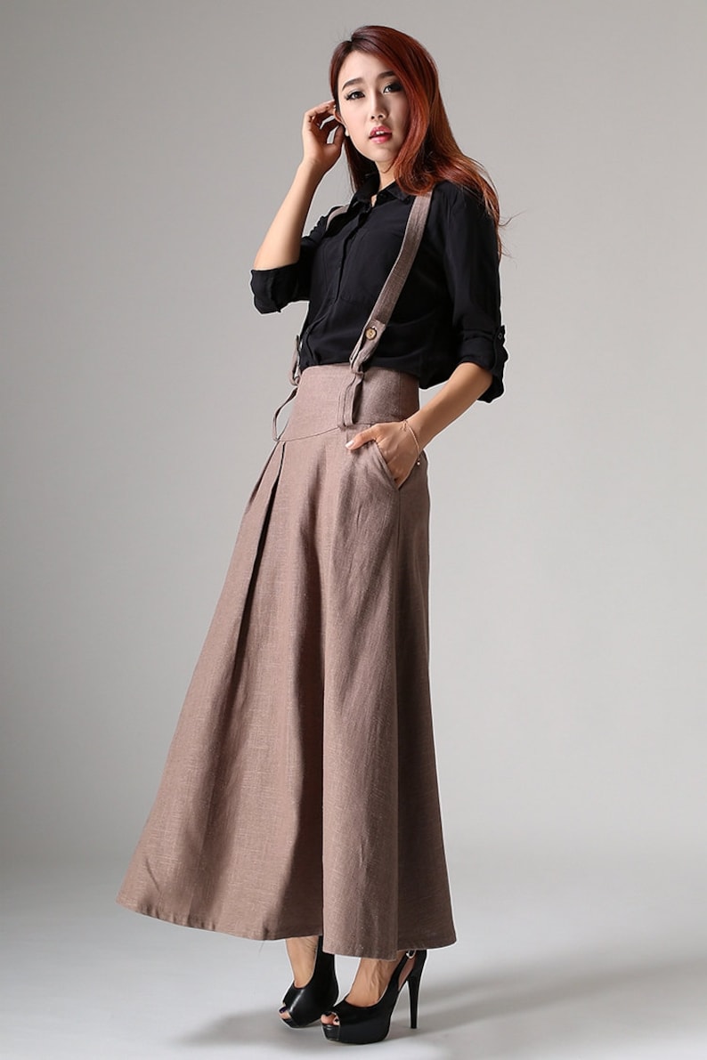 Suspender Maxi skirt Suspender skirt Linen skirt brown | Etsy