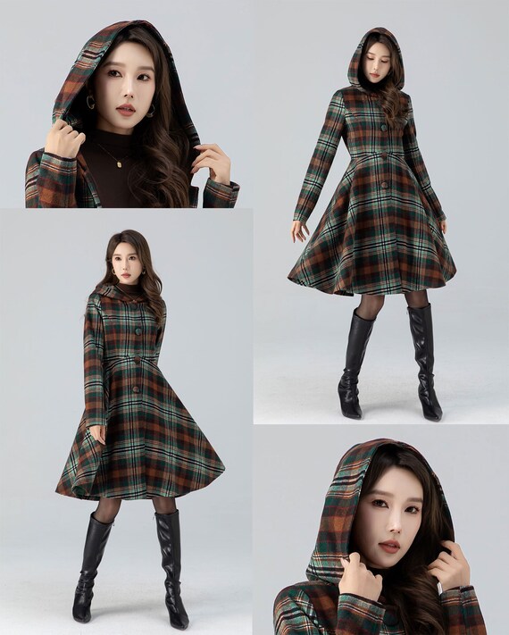 Hooded midi plaid winter wool coat women 4784 Hooded midi plaid winter wool coat women 4784