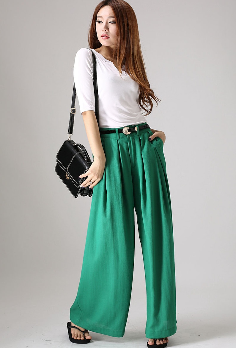 Gray palazzo pants, wide leg pants, womens long pants, linen pants, pleating pants, custom made, pockets pants, plus size available 0839 green--840#