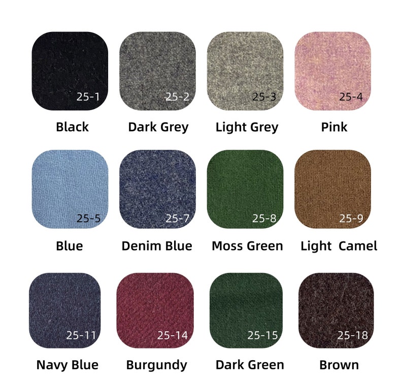 May include: A color palette featuring twelve fabric swatches in various shades. Colors include black, dark grey, light grey, pink, blue, denim blue, moss green, light camel, navy blue, burgundy, dark green, and brown.