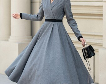 grey vintage dress Gray Wool Dress, Style Dress, Winter Women, Fit and Flare Dress, Womens Wool Dress, Swing Dress, Handmade Dress, Xiaolizi 5457 attr-1033-18415