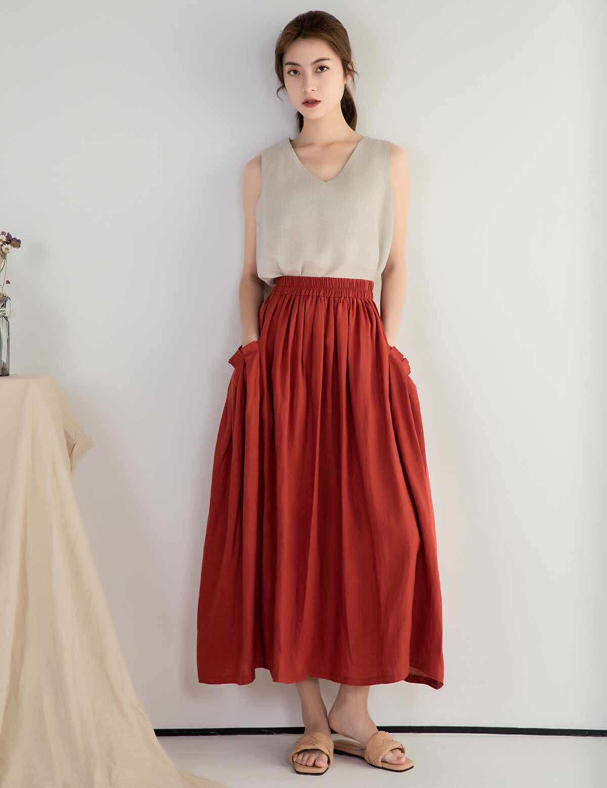Linen skirt Casual Elastic waist Linen Maxi skirt with | Etsy