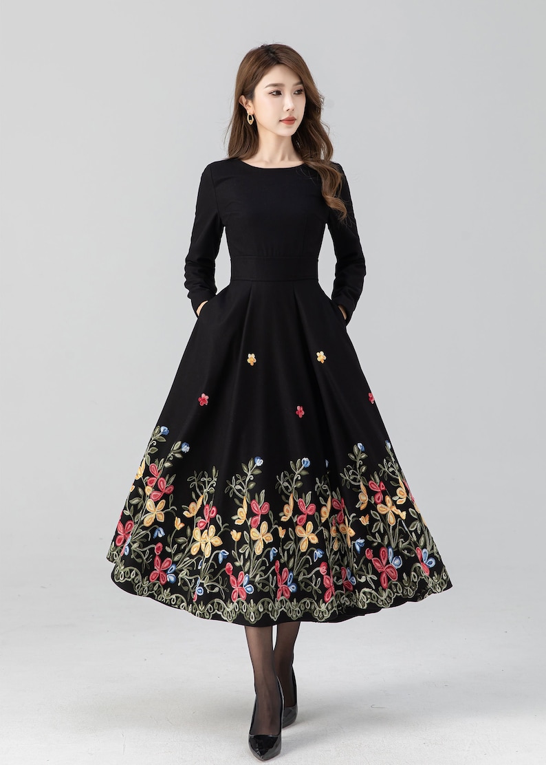 Midi wool dress, Black embroidered dress, Long sleeve wool dress, Fit and flare dress, Swing winter dress, Custom dress, Xiaolizi 4663 image 2