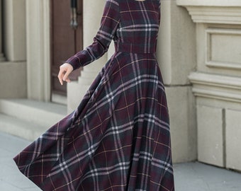 Plaid Wool Midi Dress: Fit & Flare Long Sleeve Autumn Winter