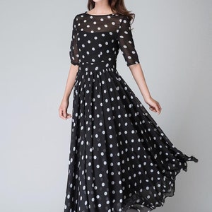 Polka Dot Maxi Chiffon Dress Women, Fit and Flare Dress, Swing Chiffon Long Maxi Dress with sleeve, Wedding Dress, Summer Boho Dress 1534 image 3