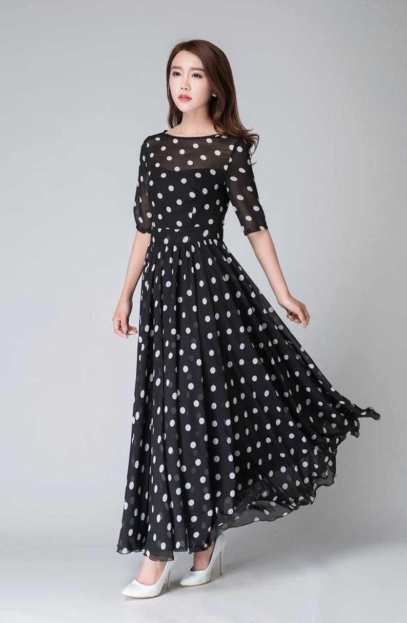 Polka Dot Maxi Chiffon Dress Women, Fit and Flare Dress, Swing Chiffon Long Maxi Dress with sleeve, Wedding Dress, Summer Boho Dress 1534 image 3