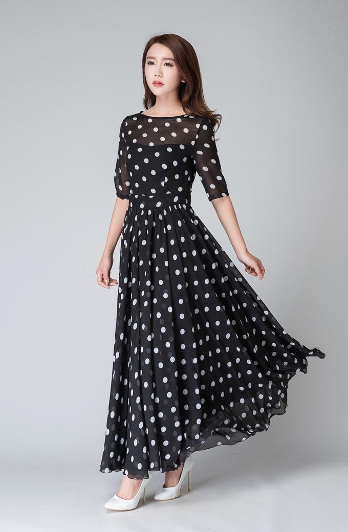 Swing Chiffon Long Maxi Dress with Sleeve, Polka Dot Maxi Chiffon Dress Women, Fit and Flare Dress, Wedding Guest Dress, Boho Dress 1534#